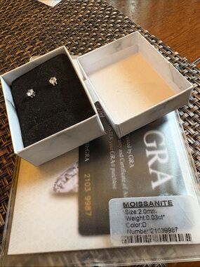 Moissanite Round 2 mm Stud Earrings in White (D Color) silver hardware w papers